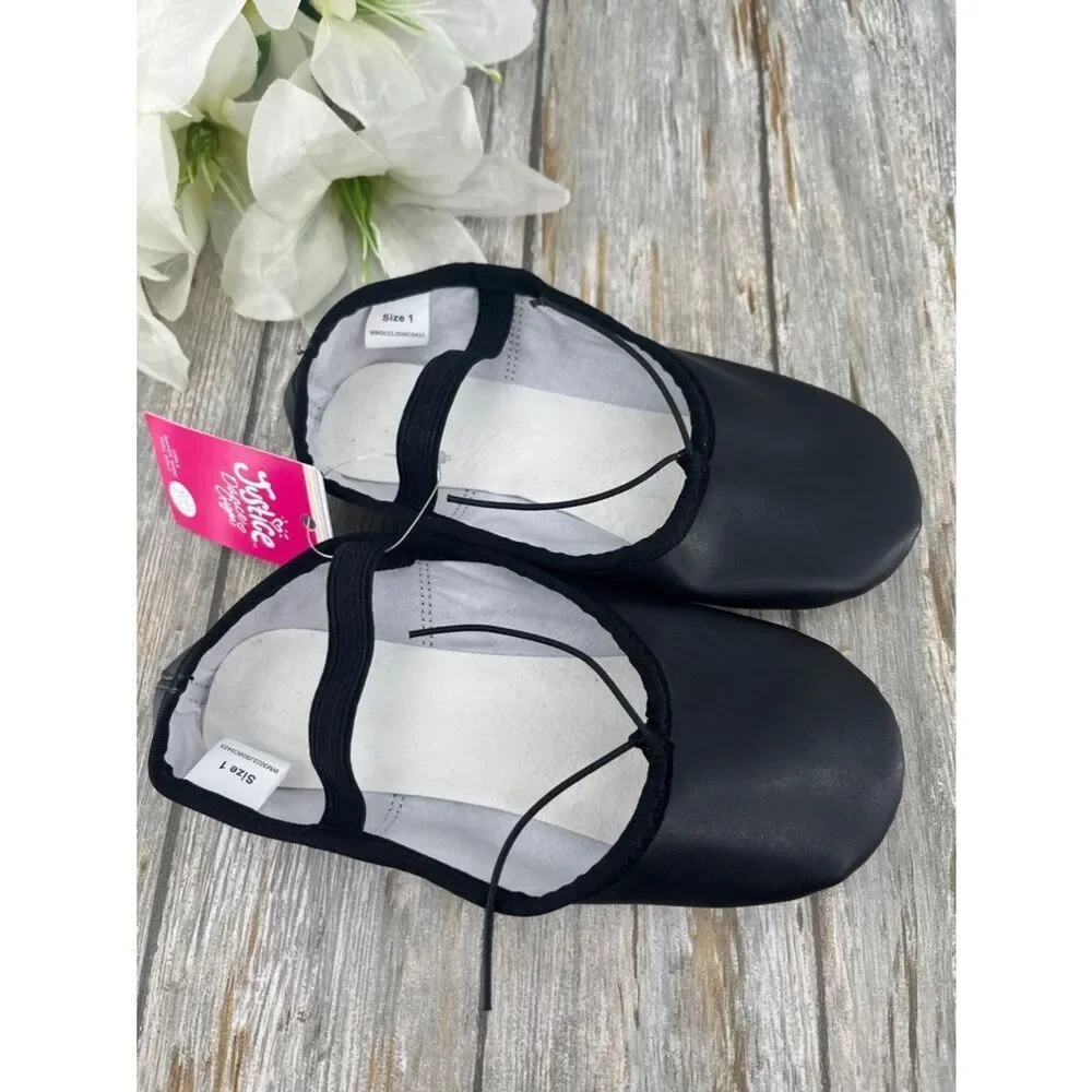 Justice Girls Ballet Shoes Dance Class Leather Sole Adjustable Strap Size 1